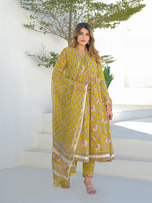 Mustard Hand Block Cotton Anarkali Kurta Pant Set With Dupatta