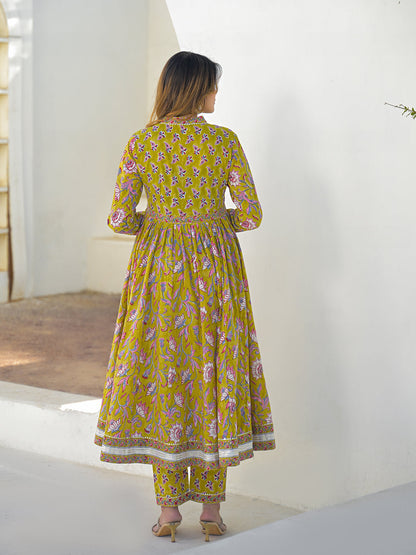 Mustard Hand Block Cotton Anarkali Kurta Pant Set With Dupatta