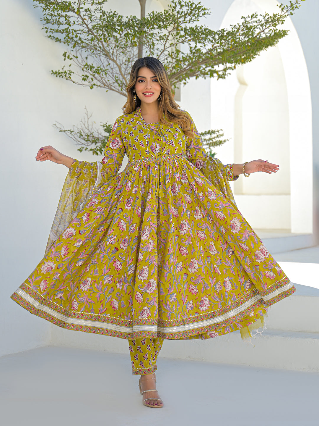 Mustard Hand Block Cotton Anarkali Kurta Pant Set With Dupatta
