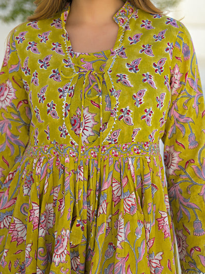 Mustard Hand Block Cotton Anarkali Kurta Pant Set With Dupatta