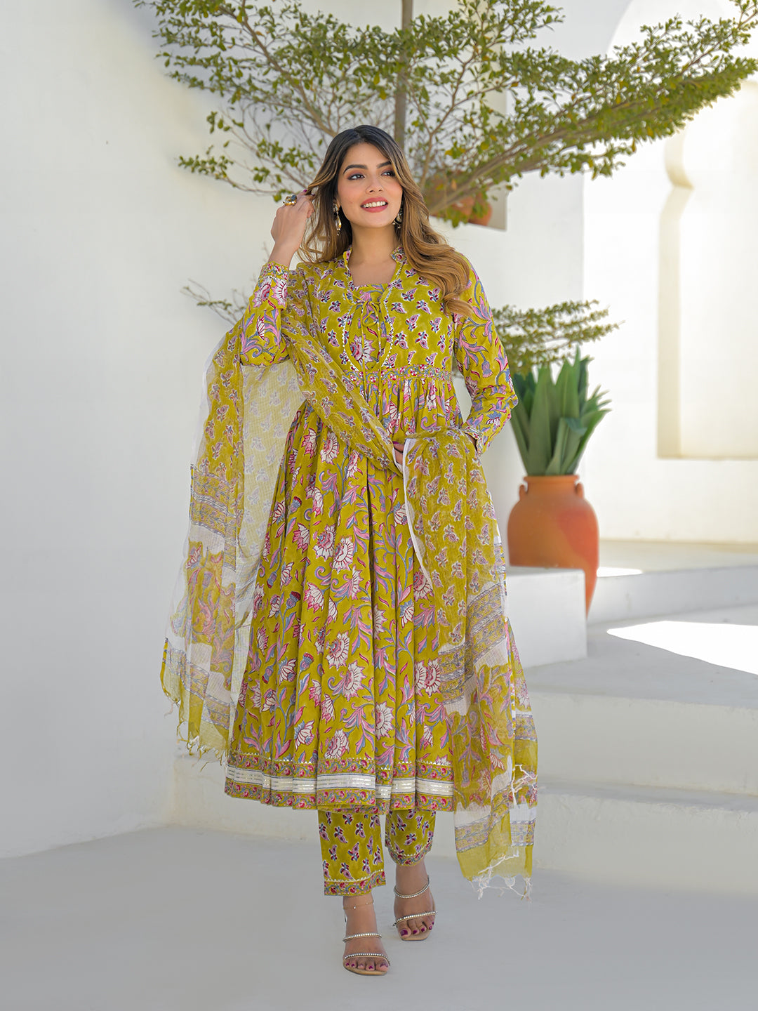 Mustard Hand Block Cotton Anarkali Kurta Pant Set With Dupatta