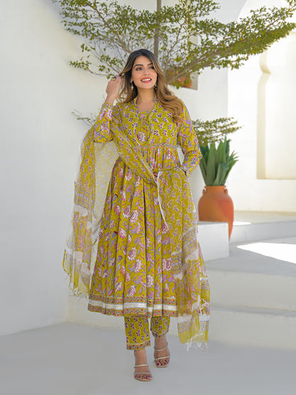 Mustard Hand Block Cotton Anarkali Kurta Pant Set With Dupatta