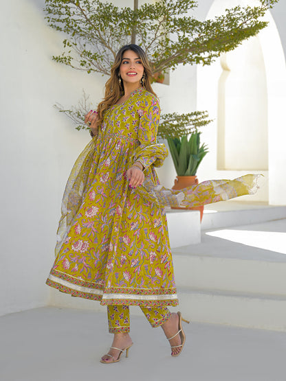 Mustard Hand Block Cotton Anarkali Kurta Pant Set With Dupatta