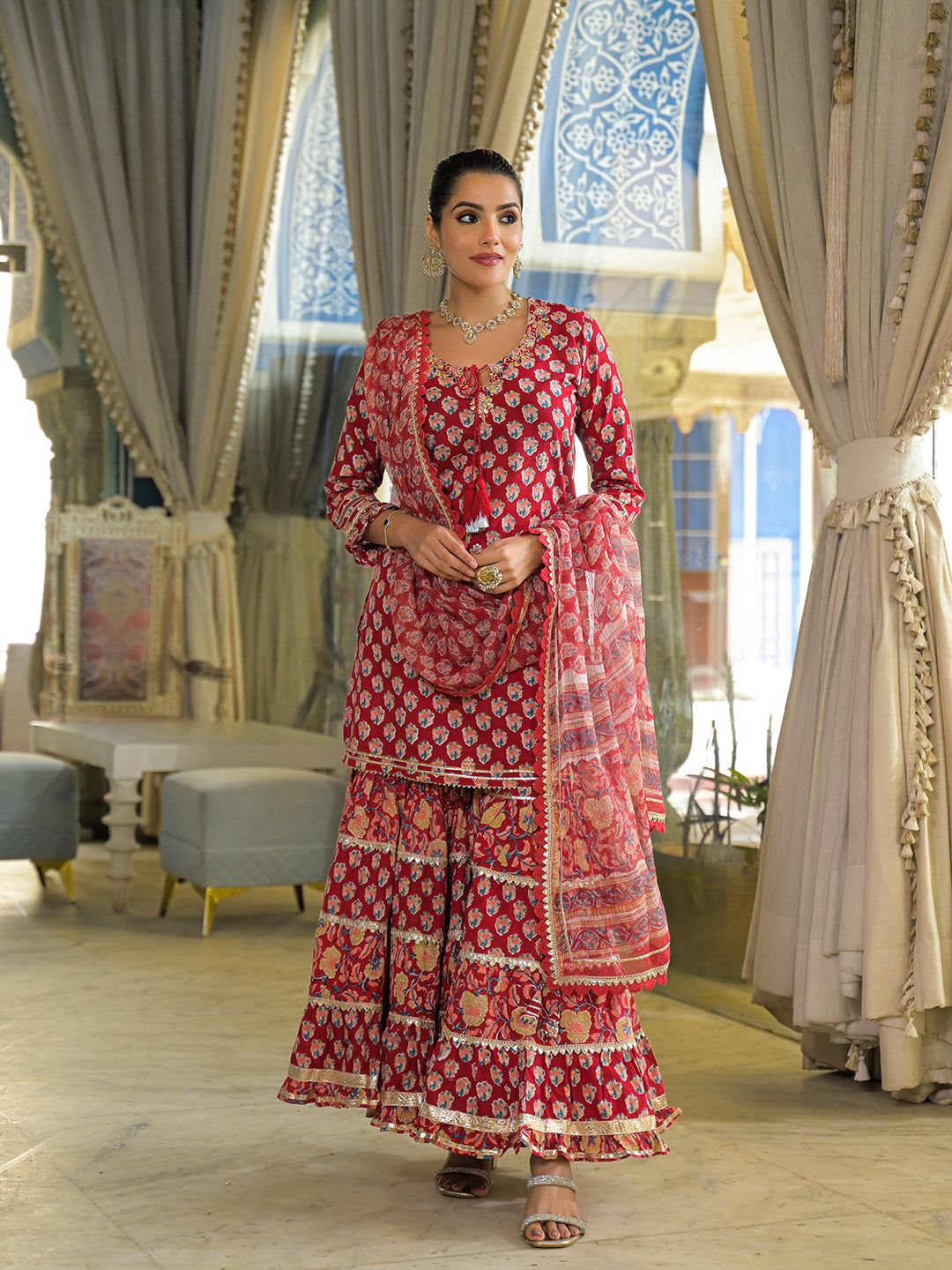 Red Handblock Cotton Straight Kurta Sharara With Dupatta