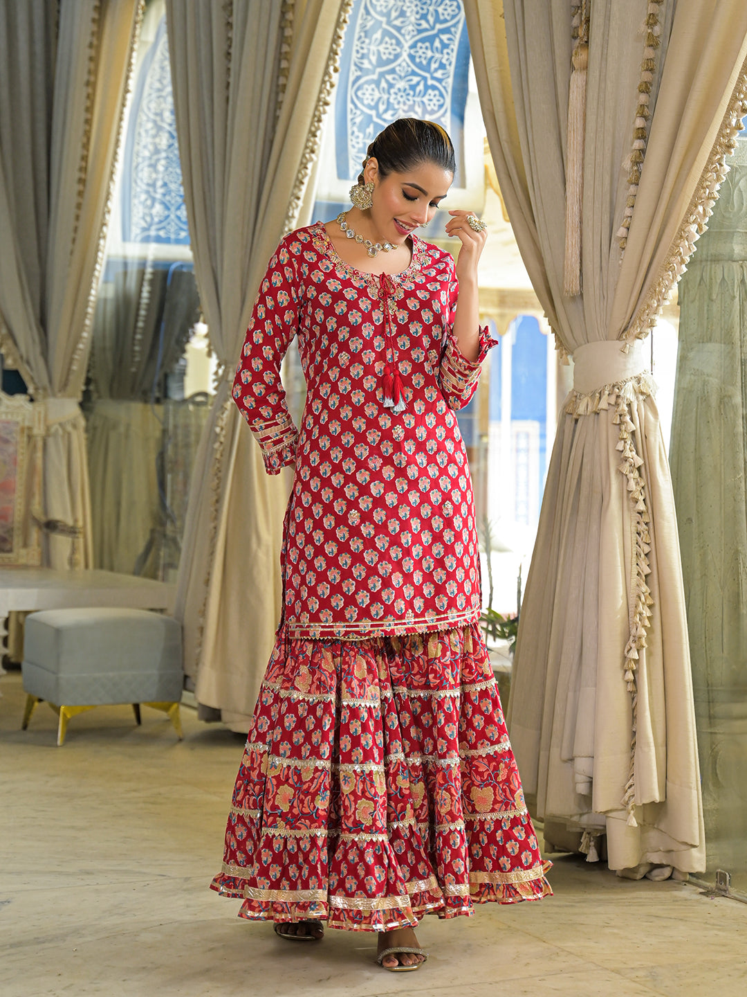 Red Handblock Cotton Straight Kurta Sharara With Dupatta