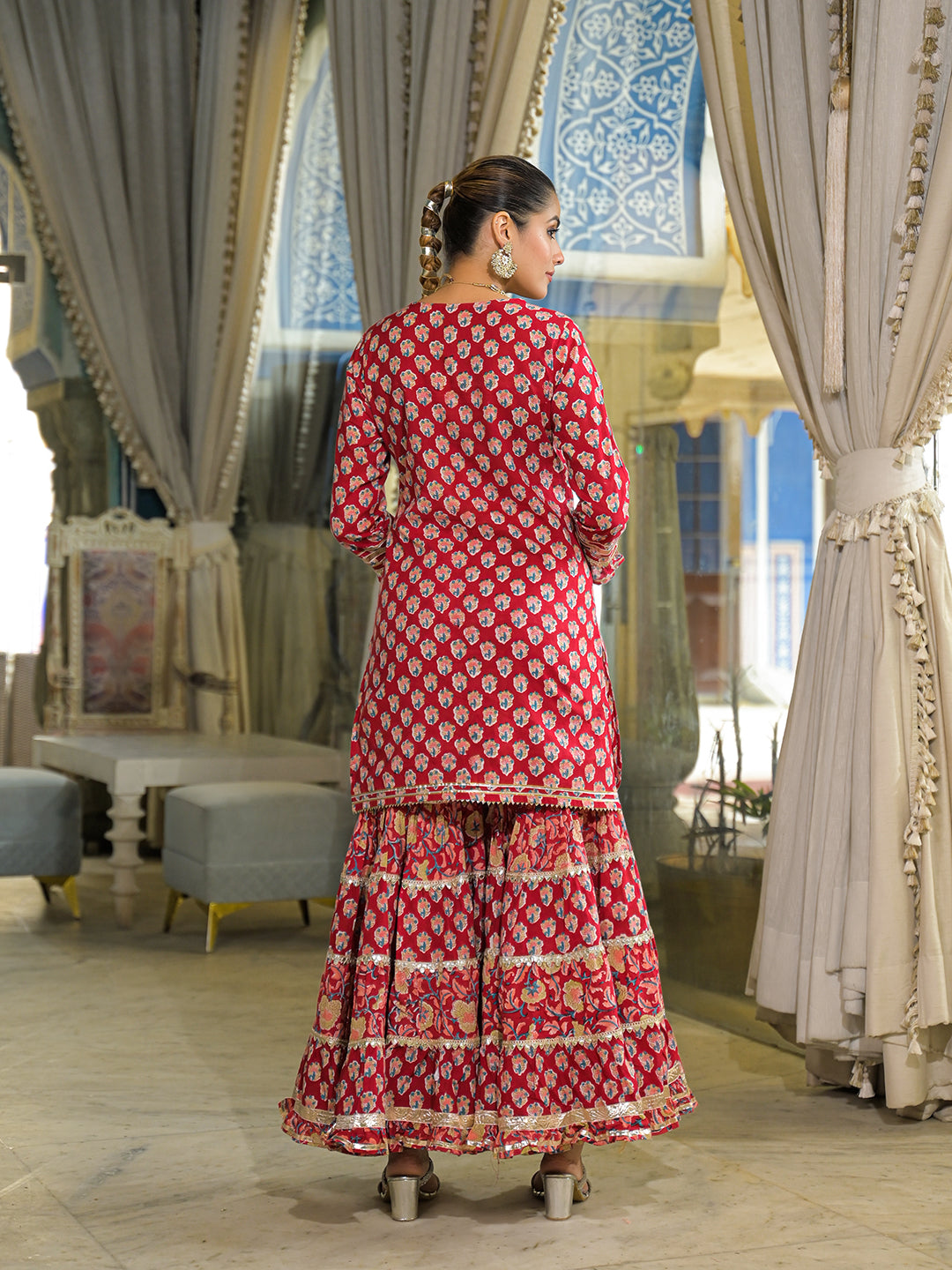 Red Handblock Cotton Straight Kurta Sharara With Dupatta