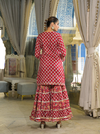 Red Handblock Cotton Straight Kurta Sharara With Dupatta
