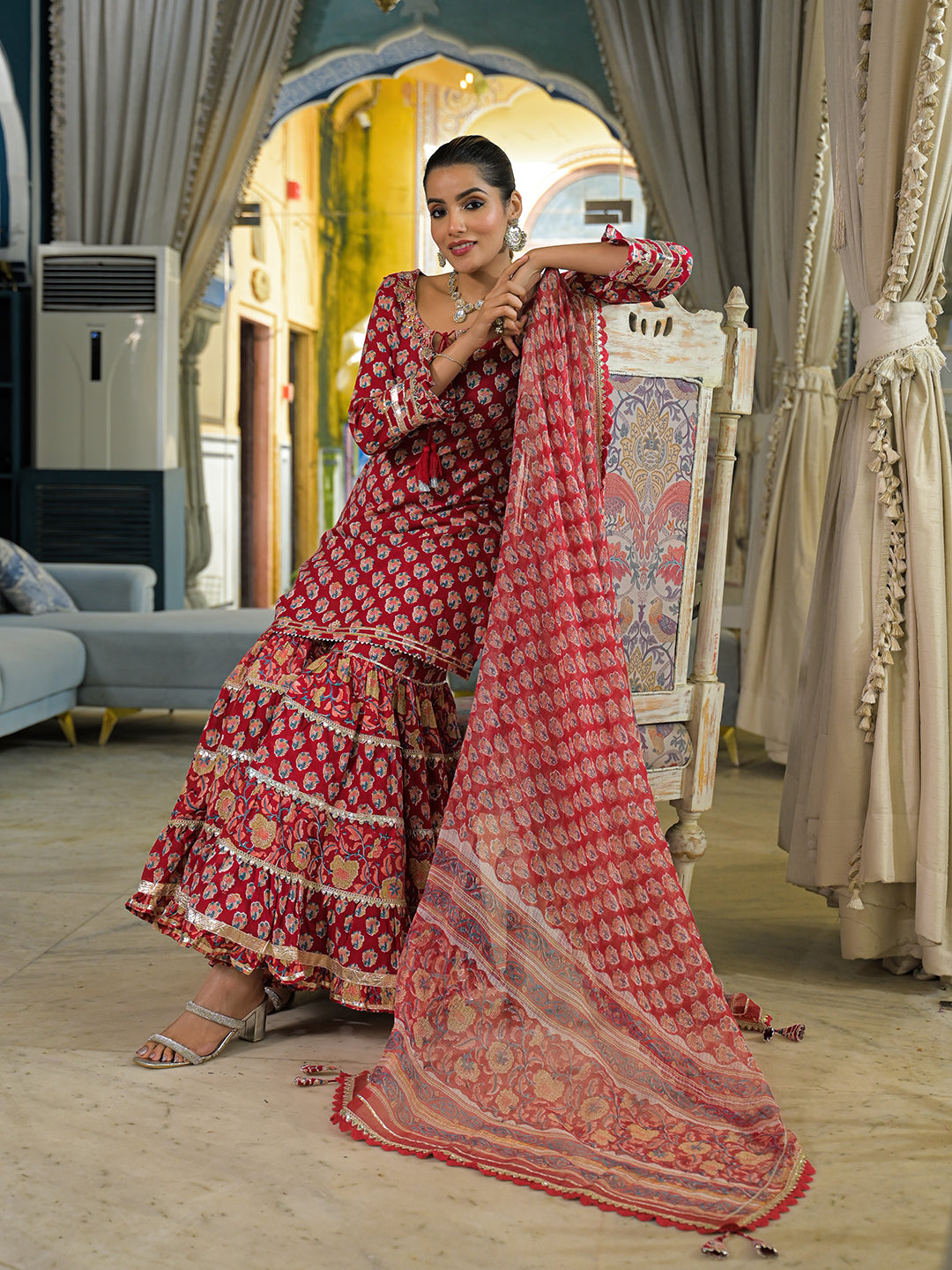 Red Handblock Cotton Straight Kurta Sharara With Dupatta