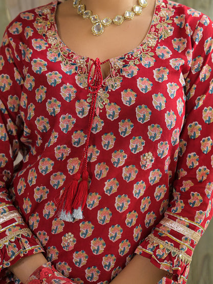 Red Handblock Cotton Straight Kurta Sharara With Dupatta