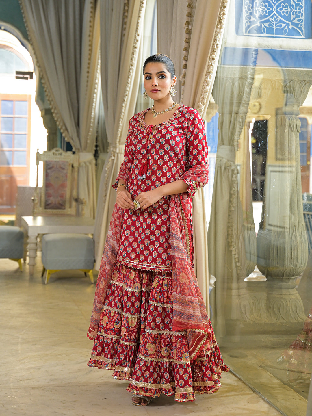 Red Handblock Cotton Straight Kurta Sharara With Dupatta
