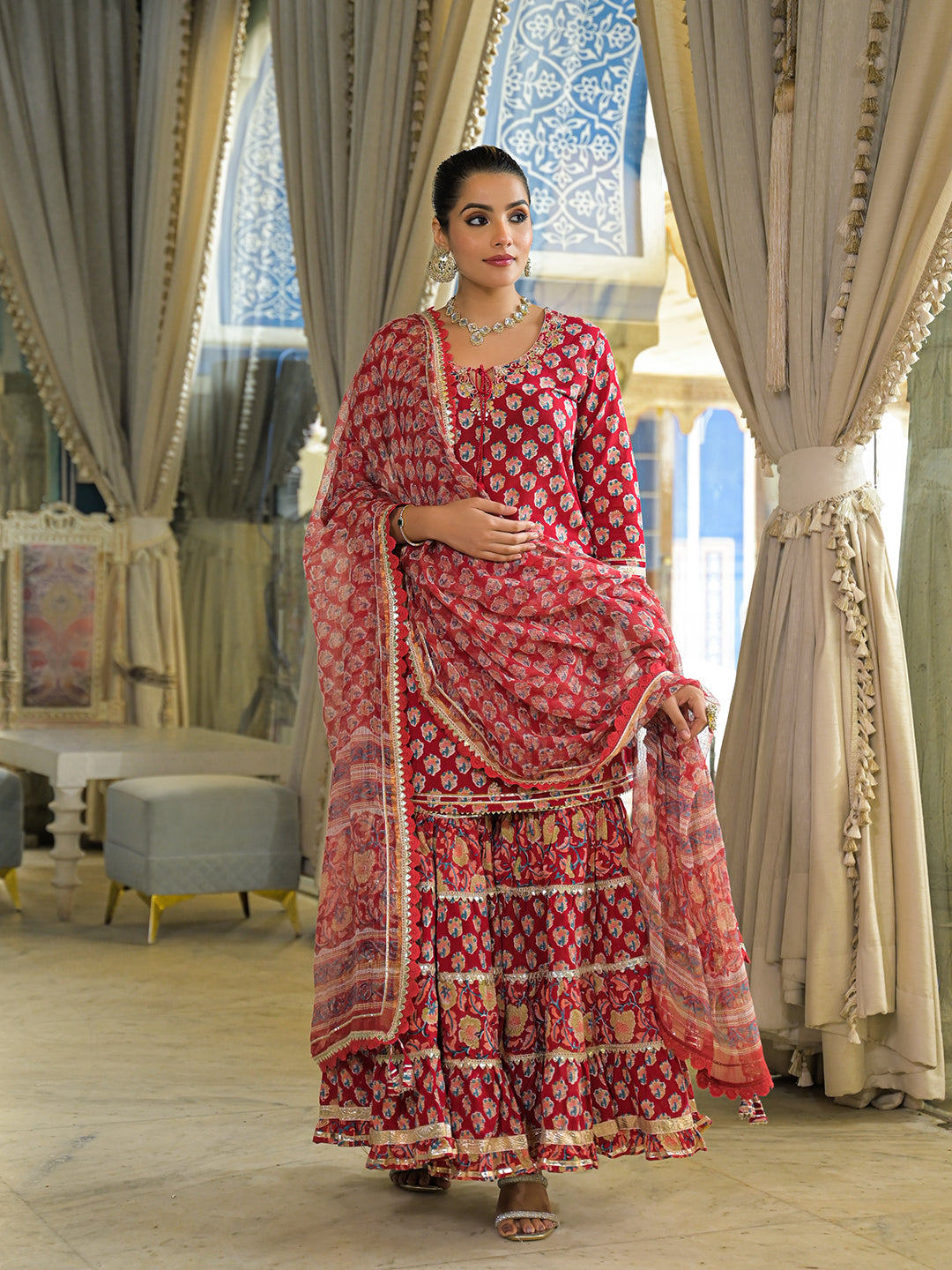 Red Handblock Cotton Straight Kurta Sharara With Dupatta