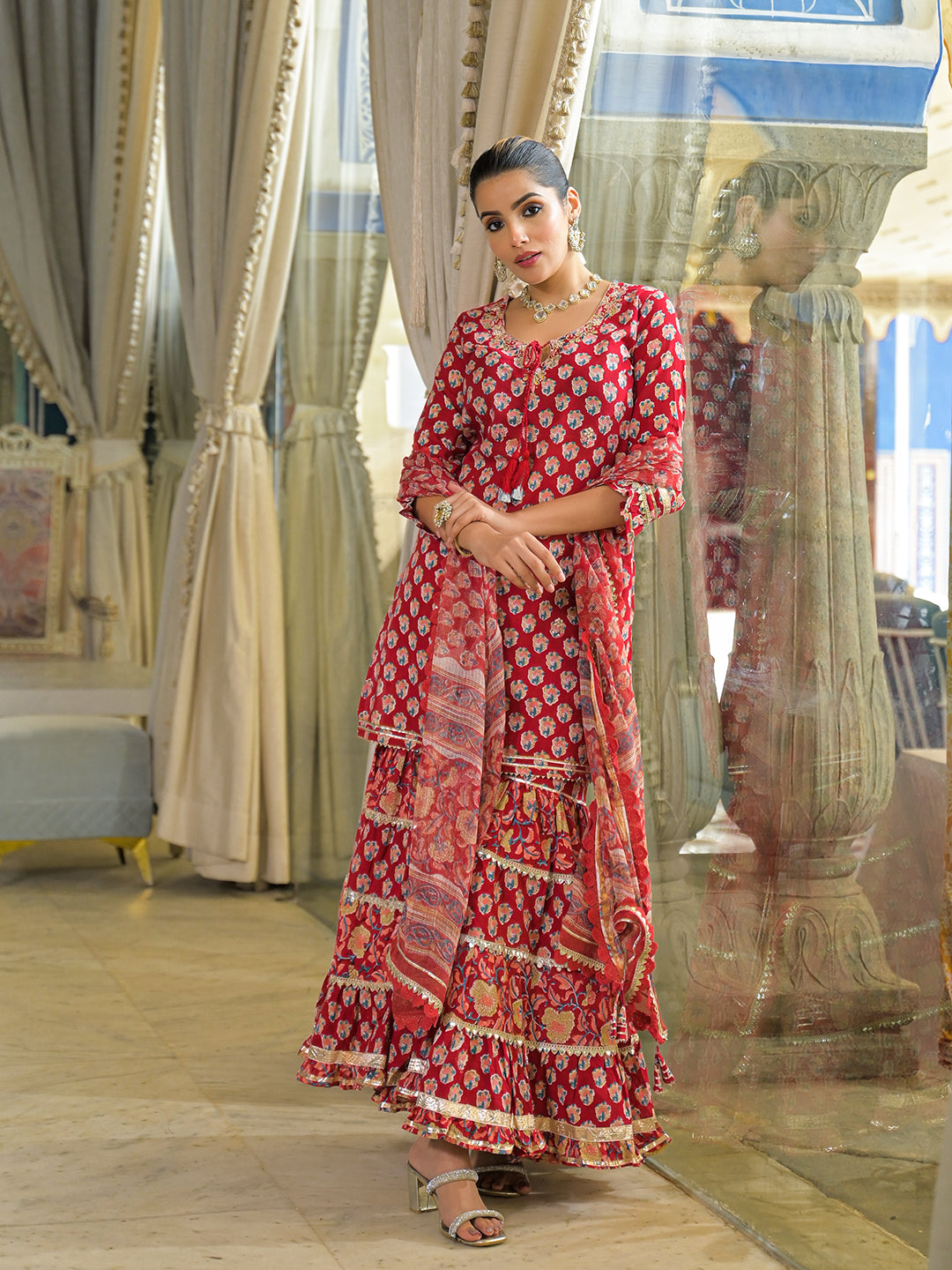 Red Handblock Cotton Straight Kurta Sharara With Dupatta