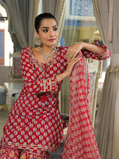 Red Handblock Cotton Straight Kurta Sharara With Dupatta