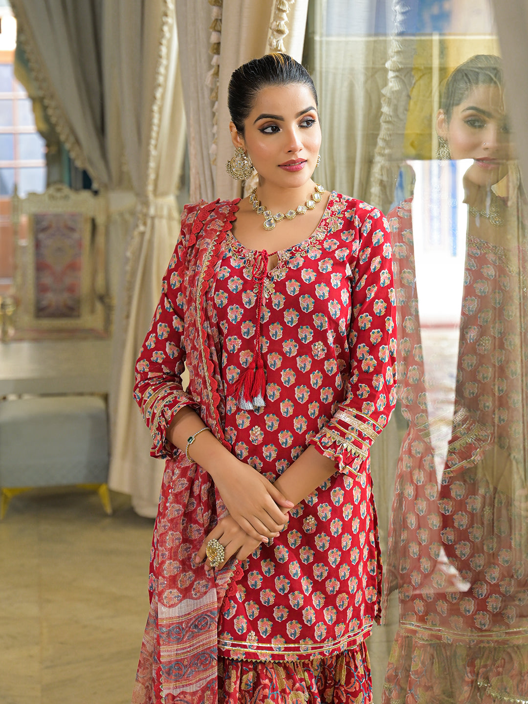 Red Handblock Cotton Straight Kurta Sharara With Dupatta