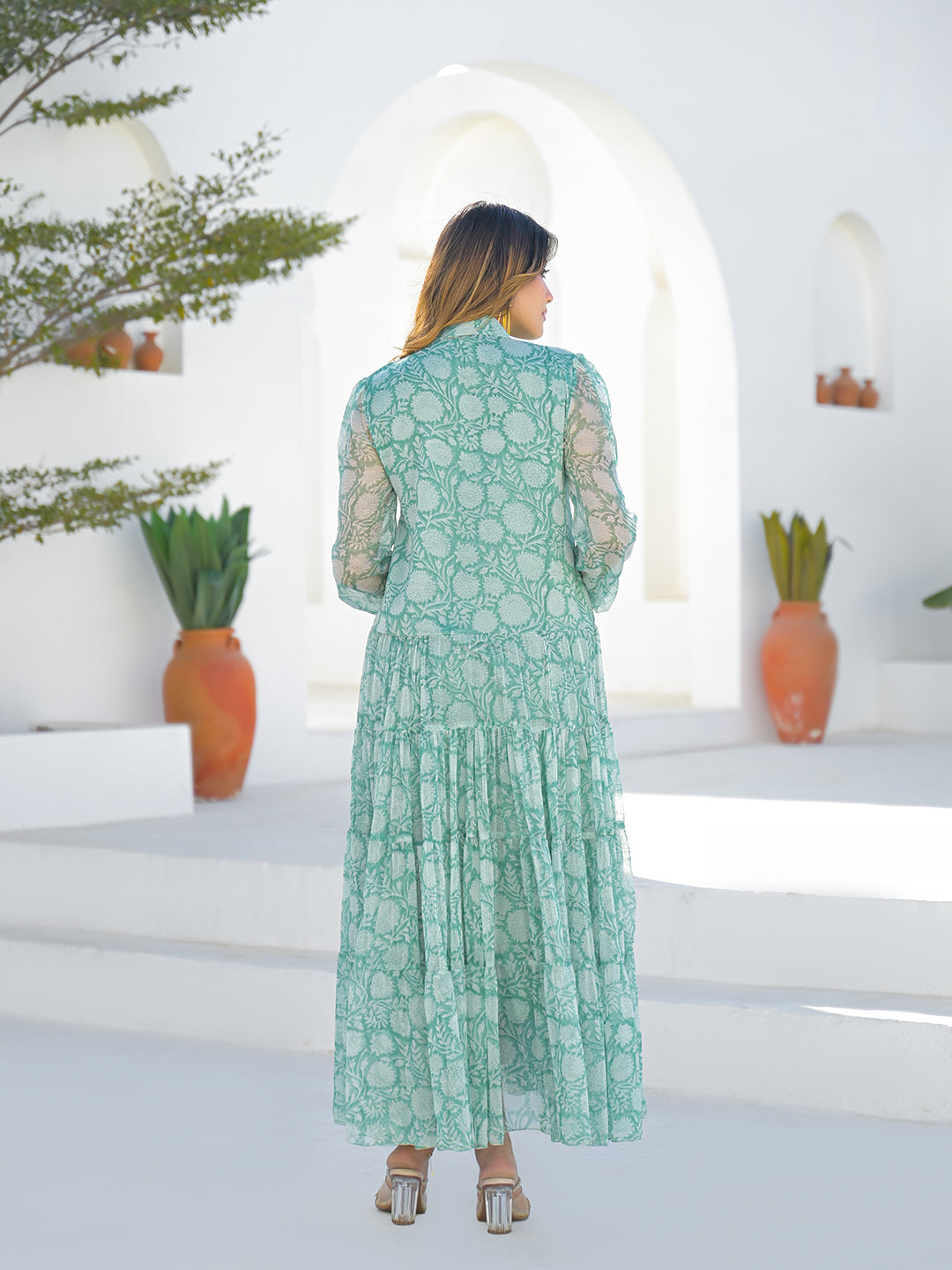 Green Georgette Long Sleeve Maxi Dress