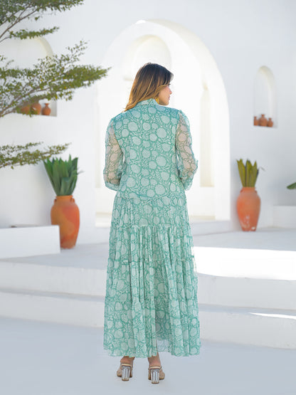 Green Georgette Long Sleeve Maxi Dress