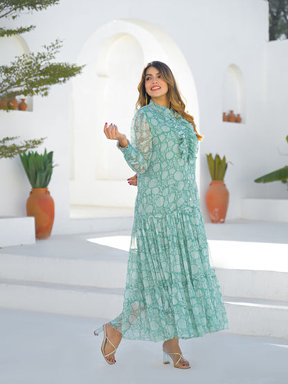 Green Georgette Long Sleeve Maxi Dress
