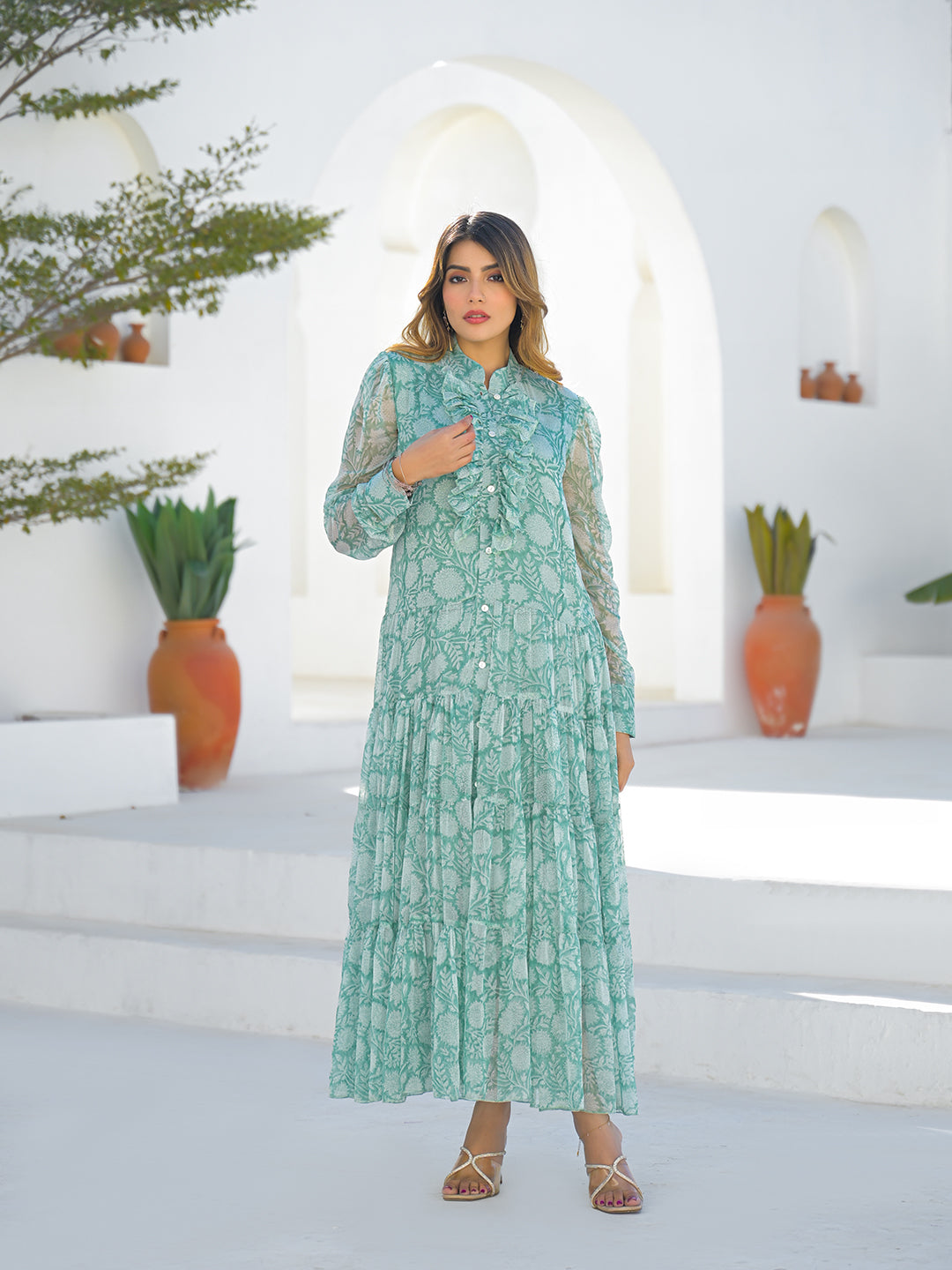 Green Georgette Long Sleeve Maxi Dress