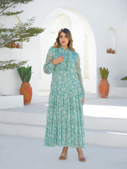 Green Georgette Long Sleeve Maxi Dress