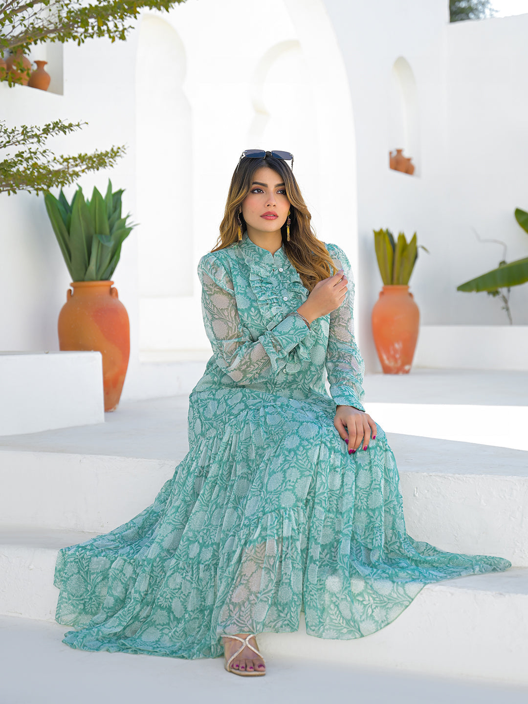 Green Georgette Long Sleeve Maxi Dress