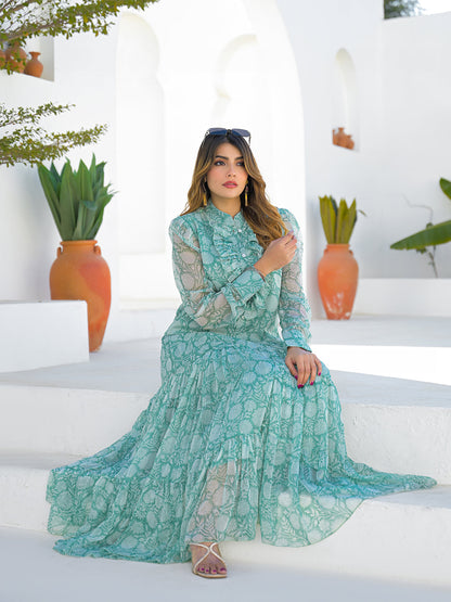 Green Georgette Long Sleeve Maxi Dress