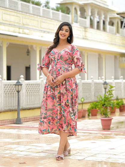 Pink Rayon Flare Midi Dress
