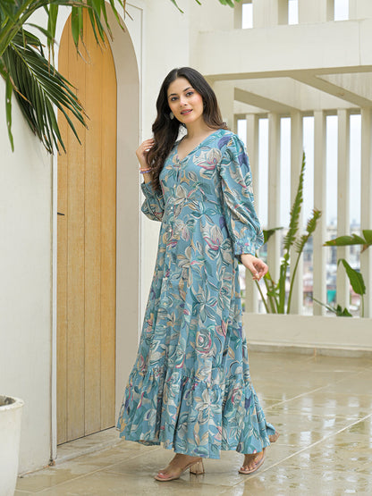 Sky Blue Rayon Flare Dress