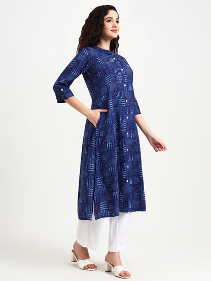 Indigo Blue Geometric Print Rayon Kurta