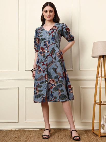 Sky Blue V-Neck Rayon Dress