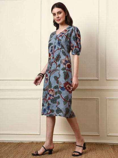 Sky Blue V-Neck Rayon Dress