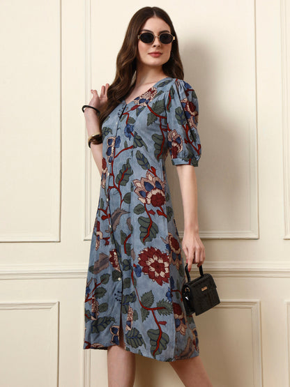 Sky Blue V-Neck Rayon Dress