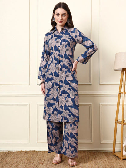 Blue Shirt Coller Long Sleeves Rayon Co-ords Sets