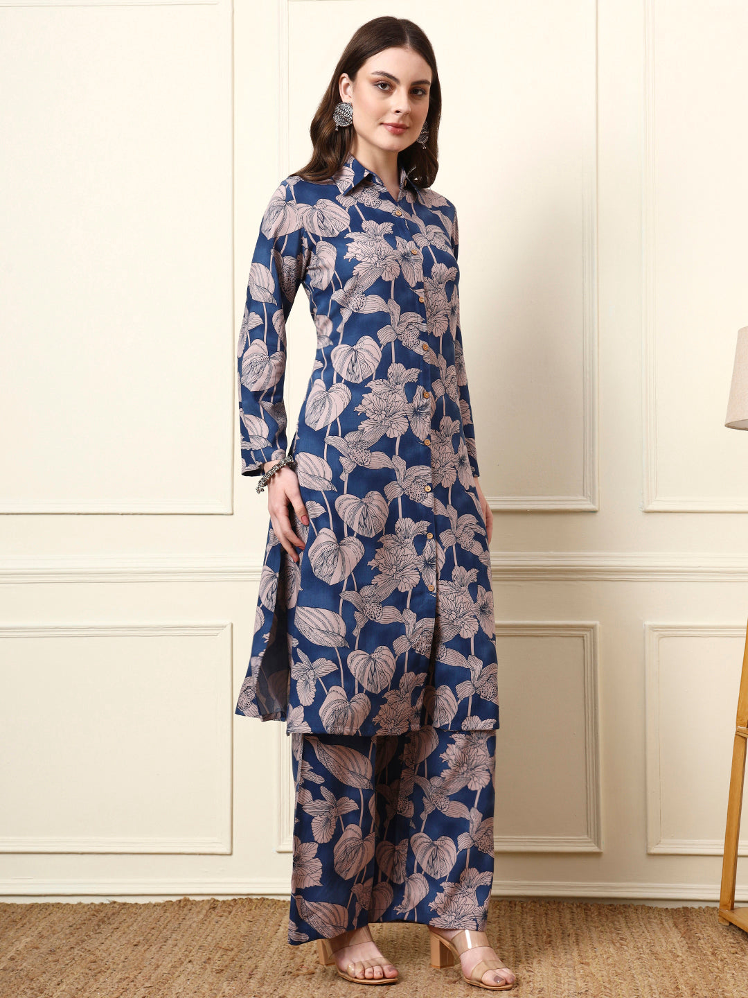 Blue Shirt Coller Long Sleeves Rayon Co-ords Sets