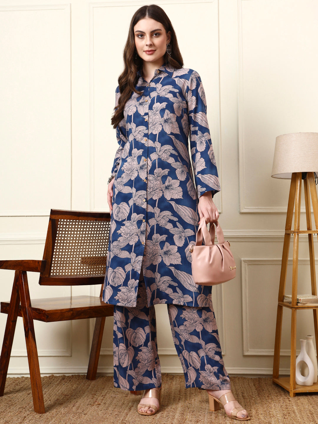 Blue Shirt Coller Long Sleeves Rayon Co-ords Sets