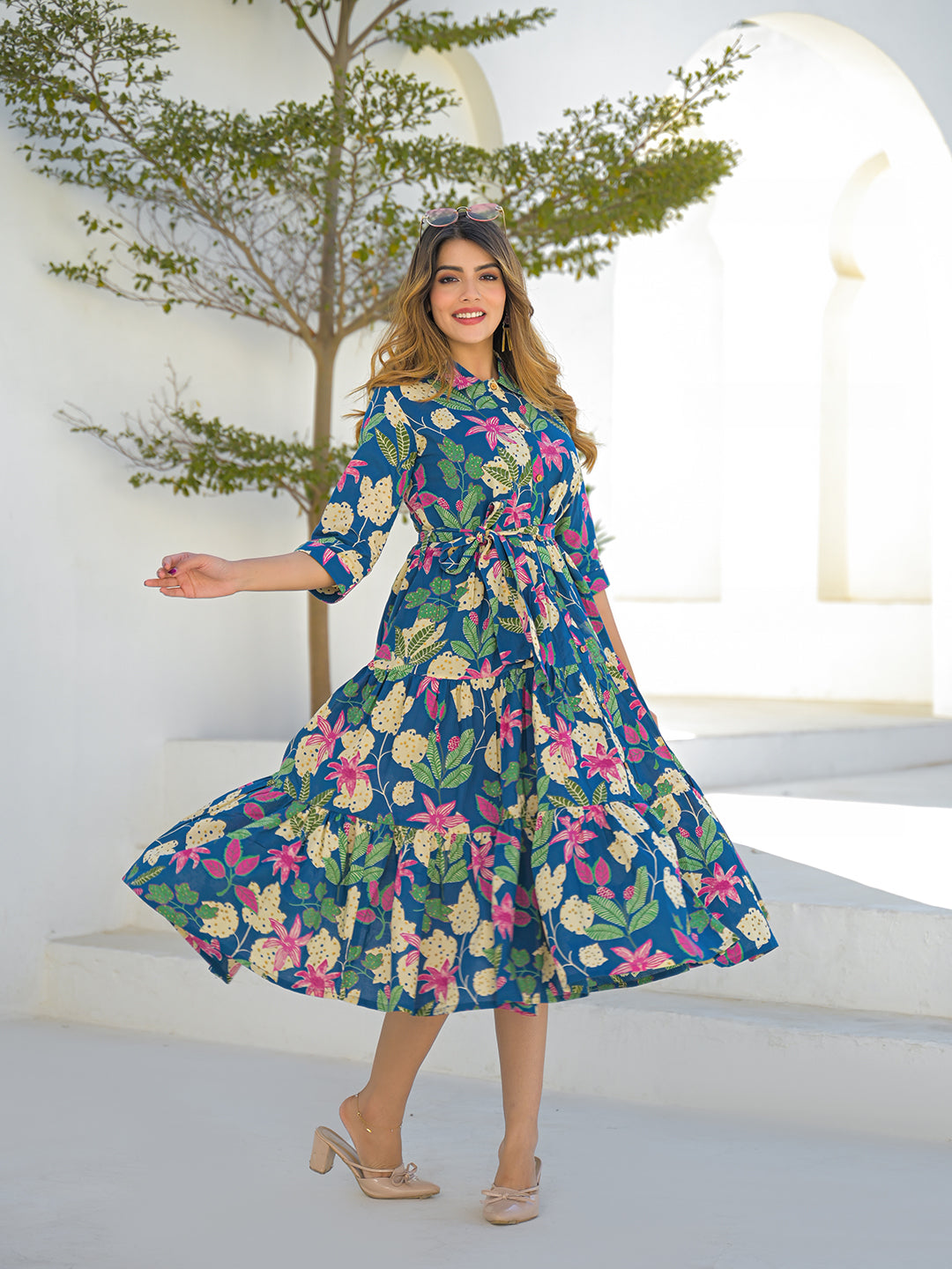 Blue Cotton Shirt Coller Midi Dress