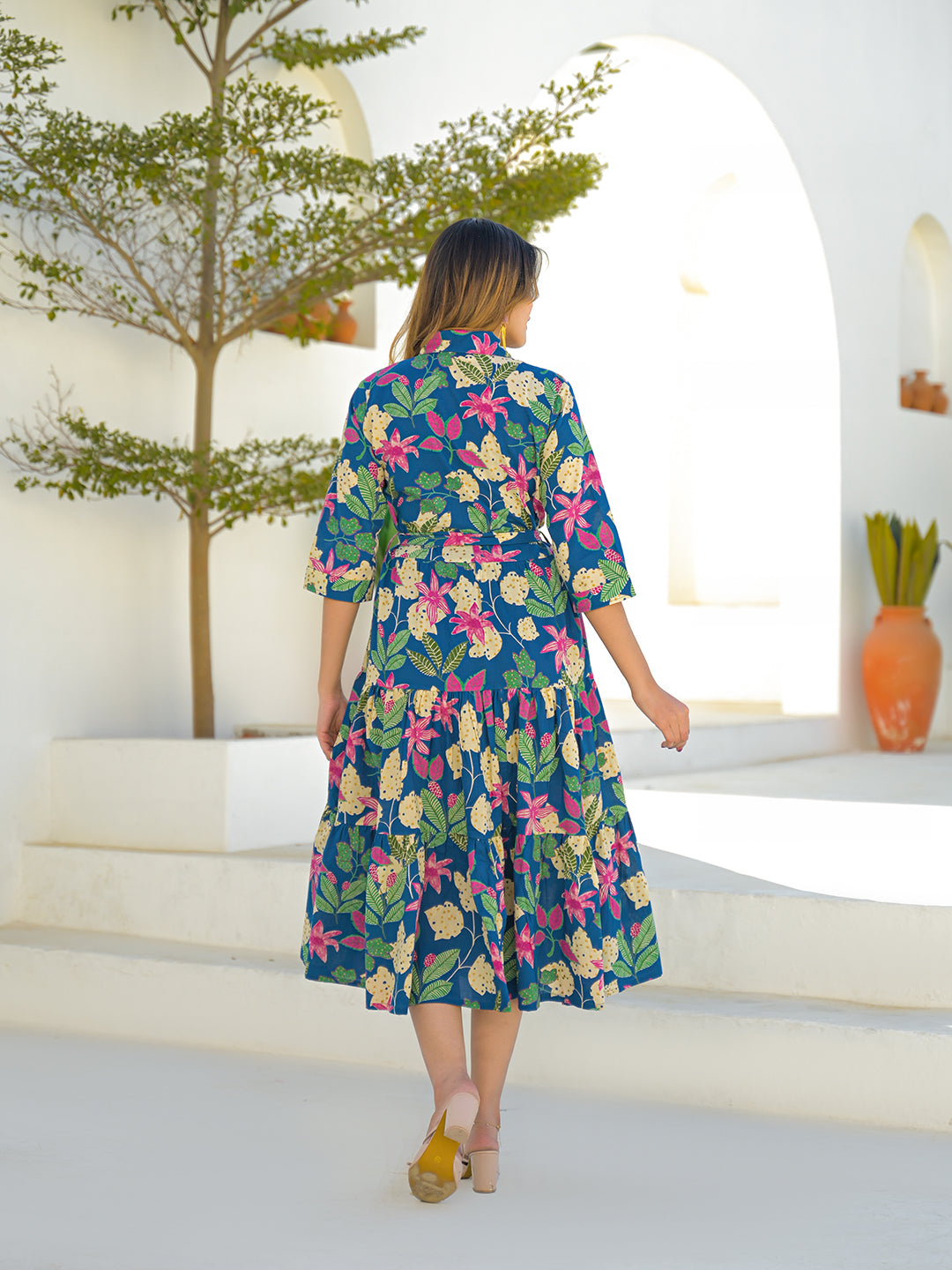 Blue Cotton Shirt Coller Midi Dress
