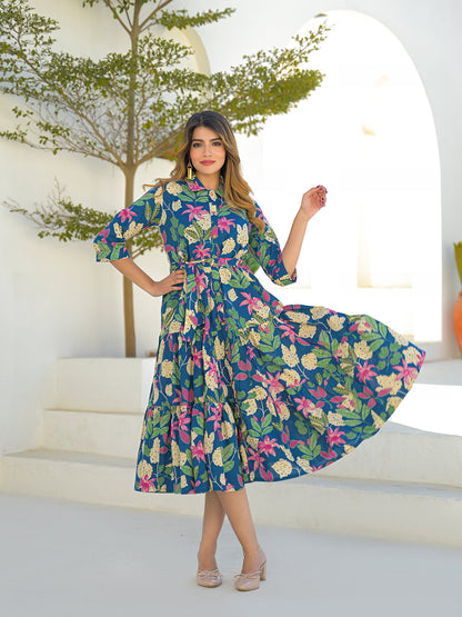 Blue Cotton Shirt Coller Midi Dress