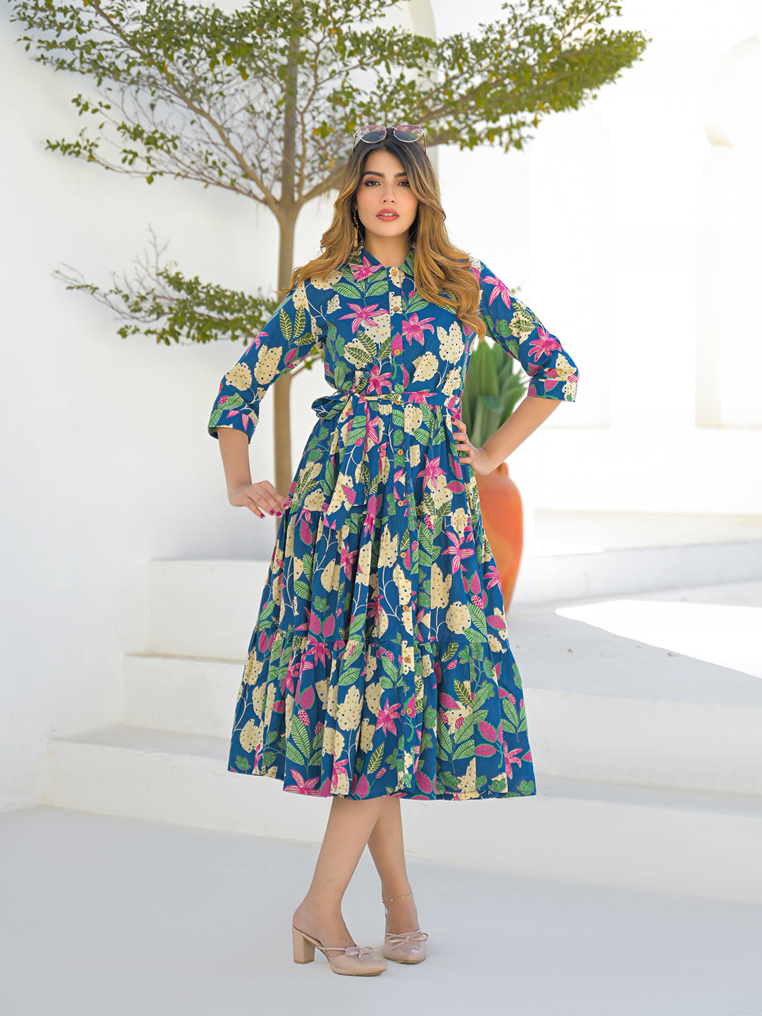Blue Cotton Shirt Coller Midi Dress