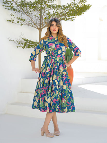 Blue Cotton Shirt Coller Midi Dress