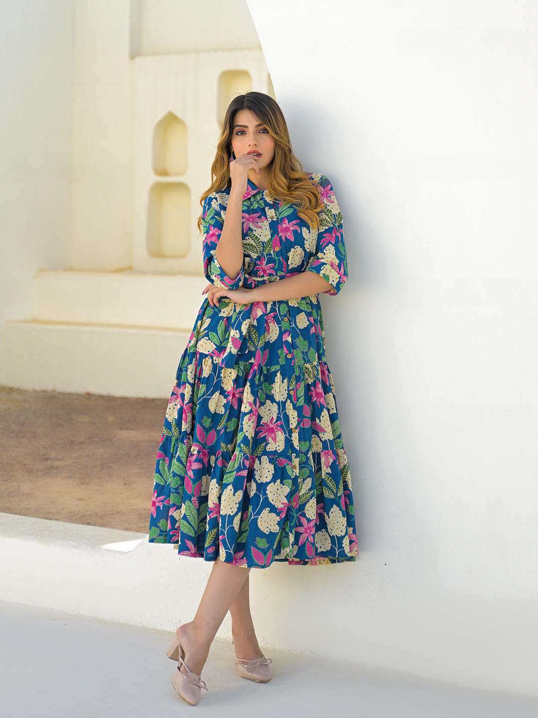 Blue Cotton Shirt Coller Midi Dress