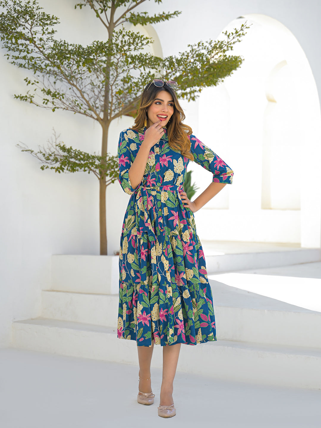 Blue Cotton Shirt Coller Midi Dress