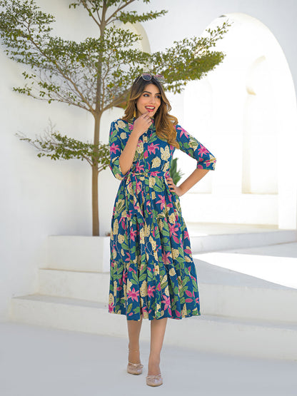 Blue Cotton Shirt Coller Midi Dress