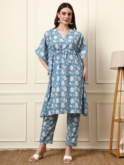 Blue V-Neck Cotton Kaaftan Co-ords Sets