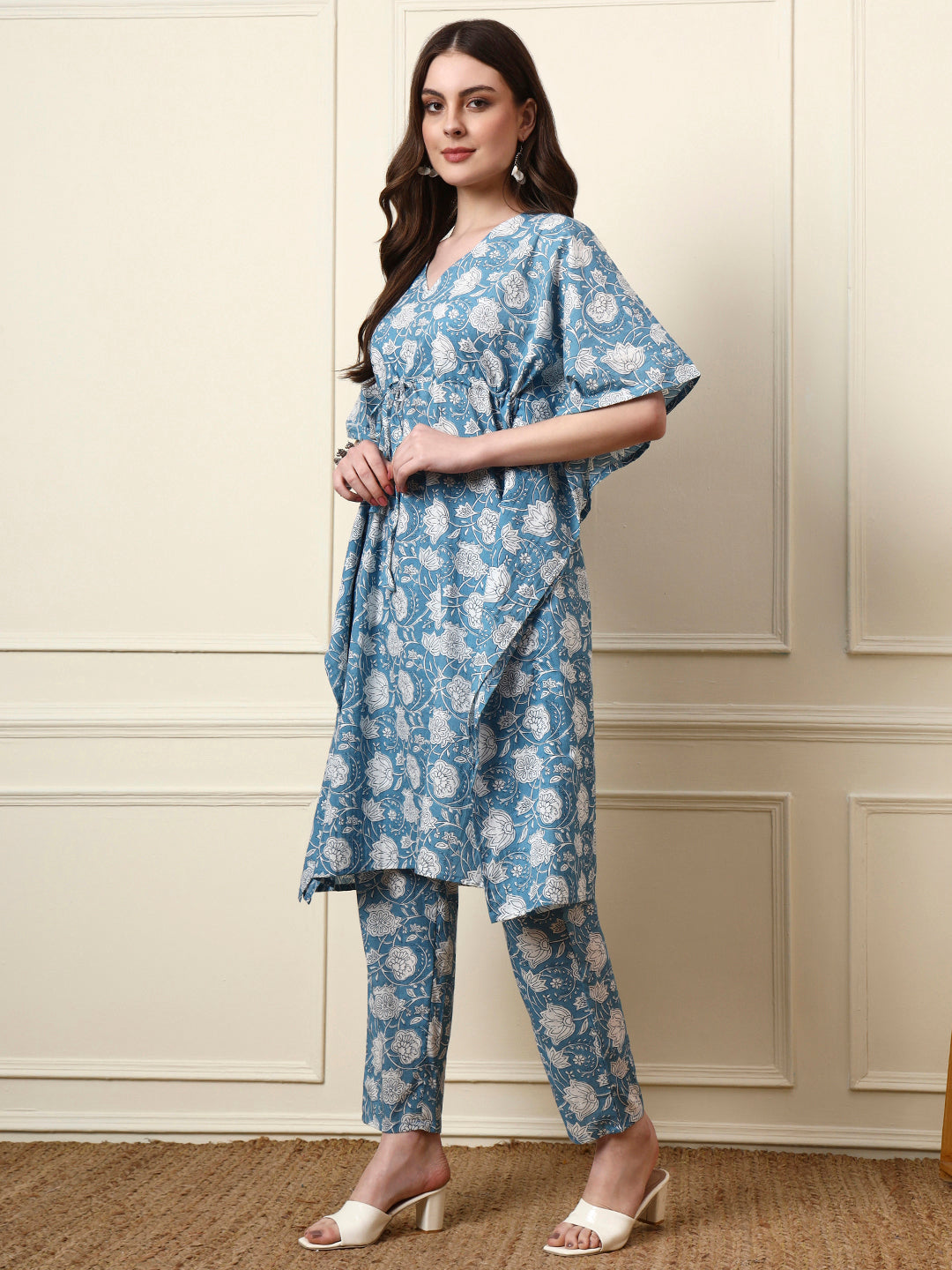 Blue V-Neck Cotton Kaaftan Co-ords Sets