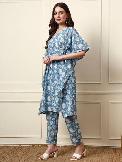 Blue V-Neck Cotton Kaaftan Co-ords Sets