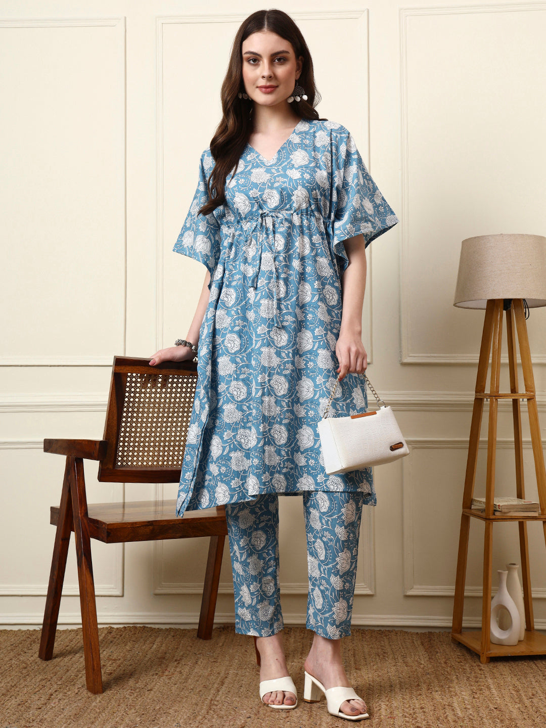 Blue V-Neck Cotton Kaaftan Co-ords Sets