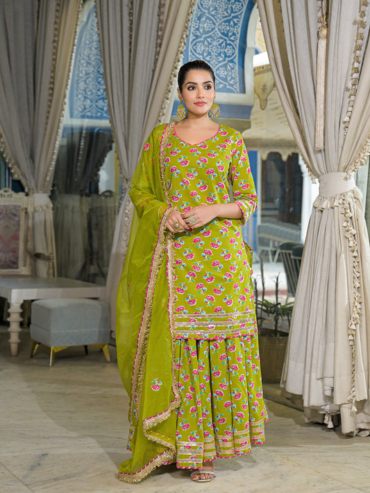 Green Cotton Kurti Lehenga Sets With Dupatta