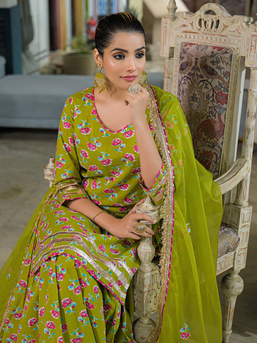 Green Cotton Kurti Lehenga Sets With Dupatta