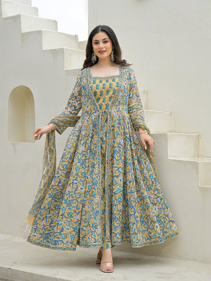 Beige Cotton Hand Block Anarkali Kurta Pant Sets Dupatta with Jecket