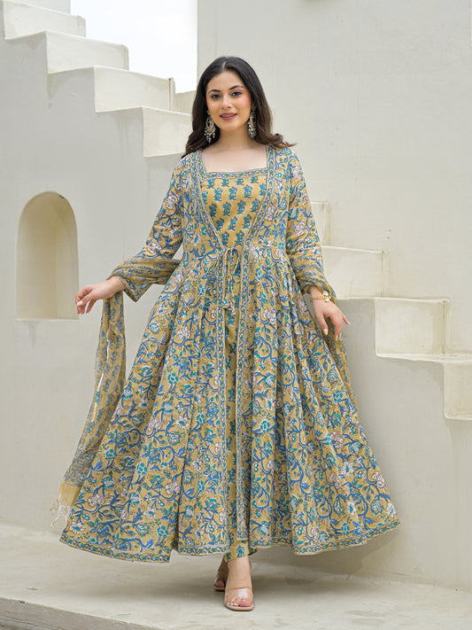 Beige Cotton Hand Block Anarkali Kurta Pant Sets Dupatta with Jecket